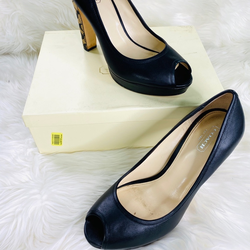 Coach Black Leather Peep Toe Signature Sz 10 Heels